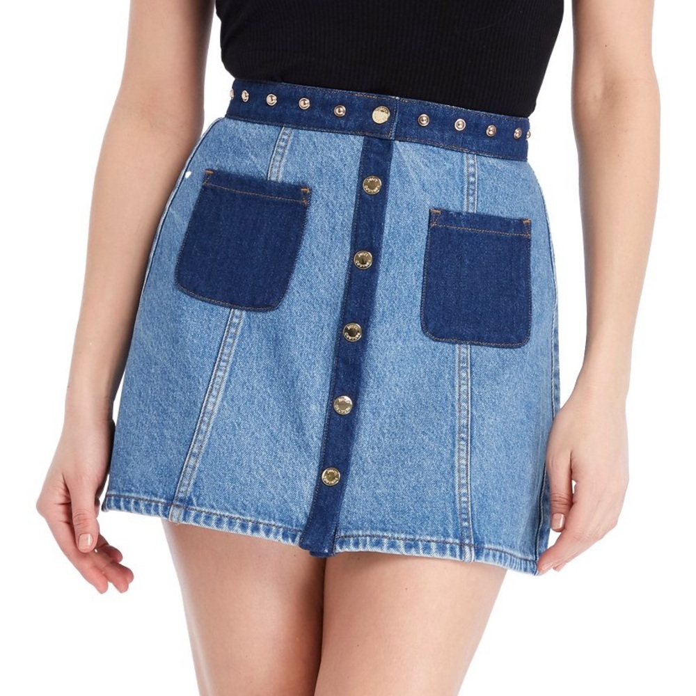 Juicy Couture Y2K Mini Button Up Denim Skirt w/ Gold Studded Details (Size 25)